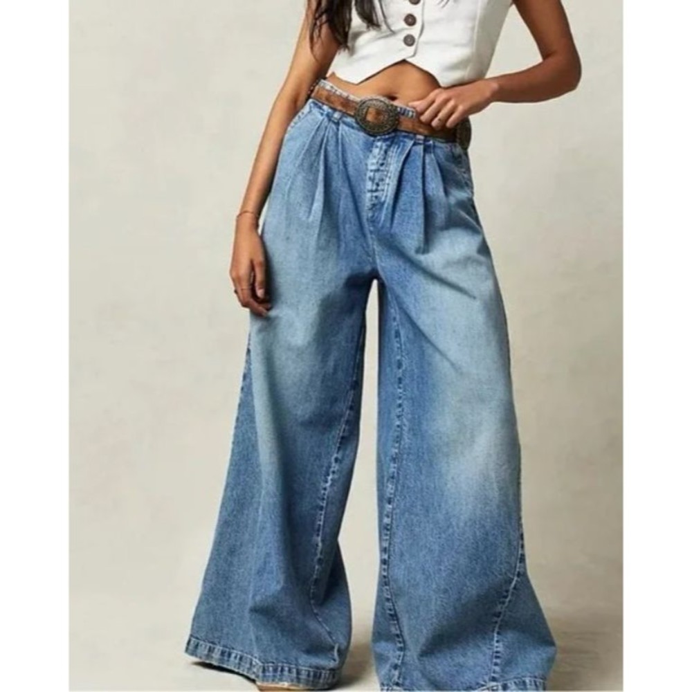 NEW Free People We The Free Equinox Denim Trouser Open Sky Blue Wide Leg Size 28